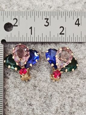 Vintage Multicolor Teardrop Crystal Clip-On Earrings - Pink, Blue, Green